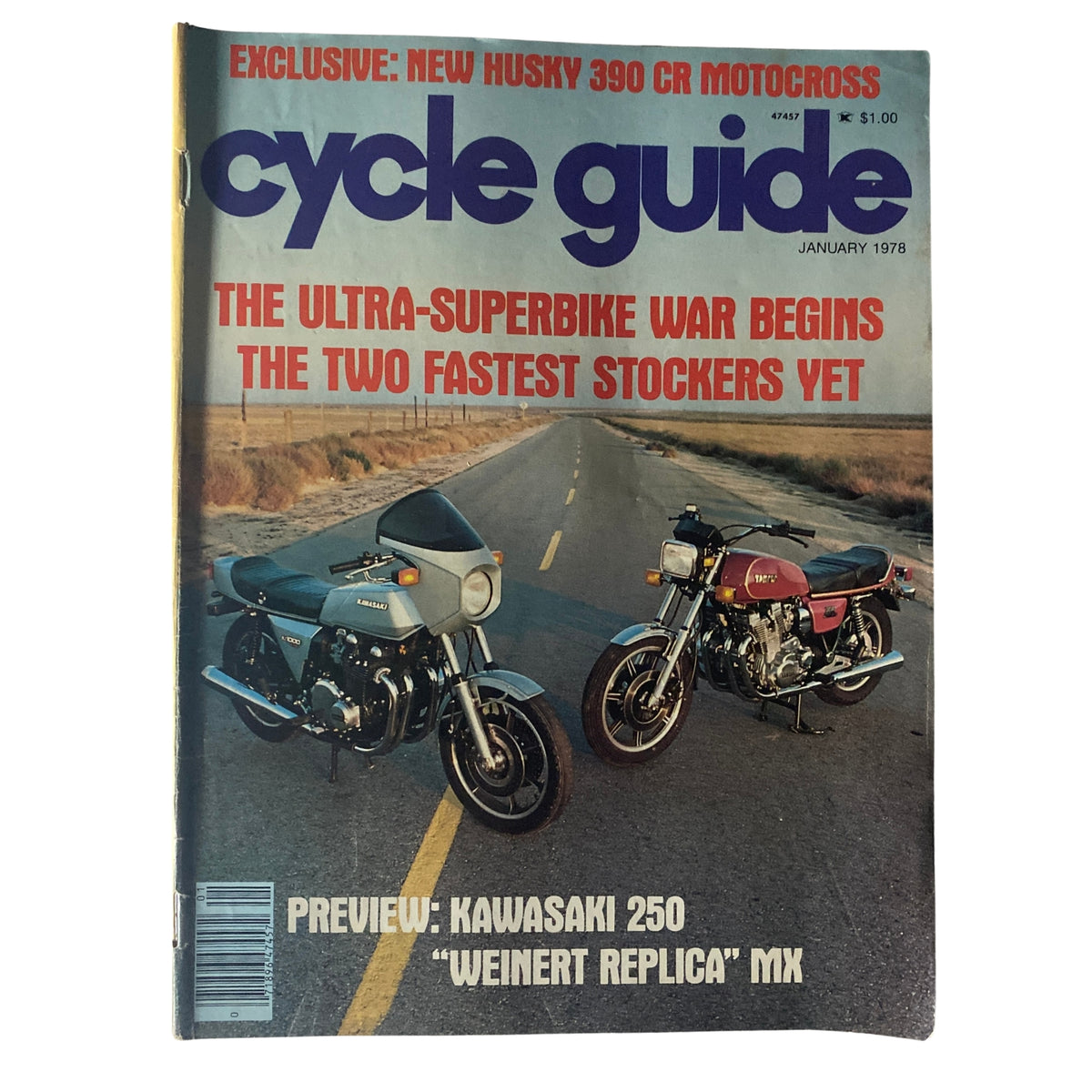 Cycle Guide Magazine January 1978 featuring Kawasaki 250 'Weinert Replica' MX on the cover. The magazine showcases two prominent motorcycles on an open road, highlighting the ultra-superbike war.