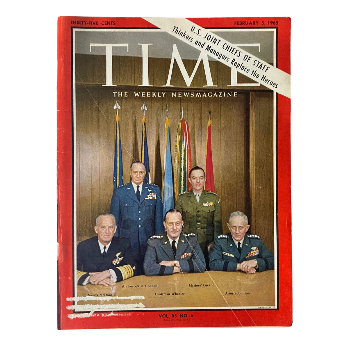 Cover of Time Magazine from February 5, 1965, featuring the U.S. Joint Chiefs of Staff. The cover includes prominent military leaders and highlights military history during the Cold War and Vietnam War, emphasizing their influence on defense policies.
