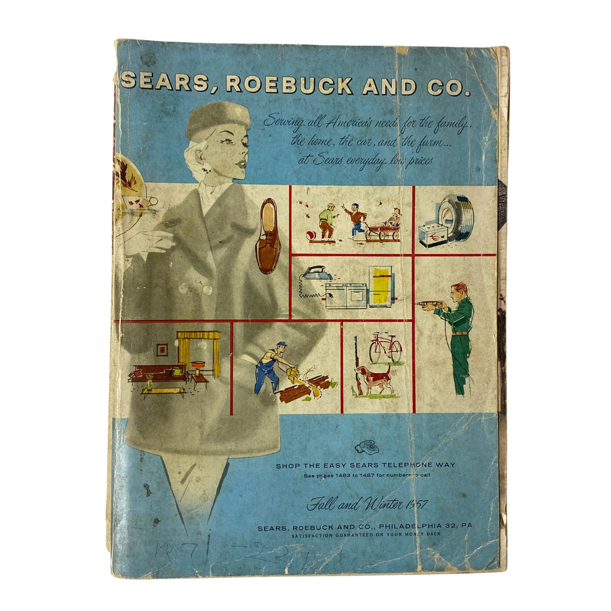 Cover of the 1957 Sears Roebuck and Co. Fall and Winter Catalog featuring vintage fashion illustrations and advertisements.