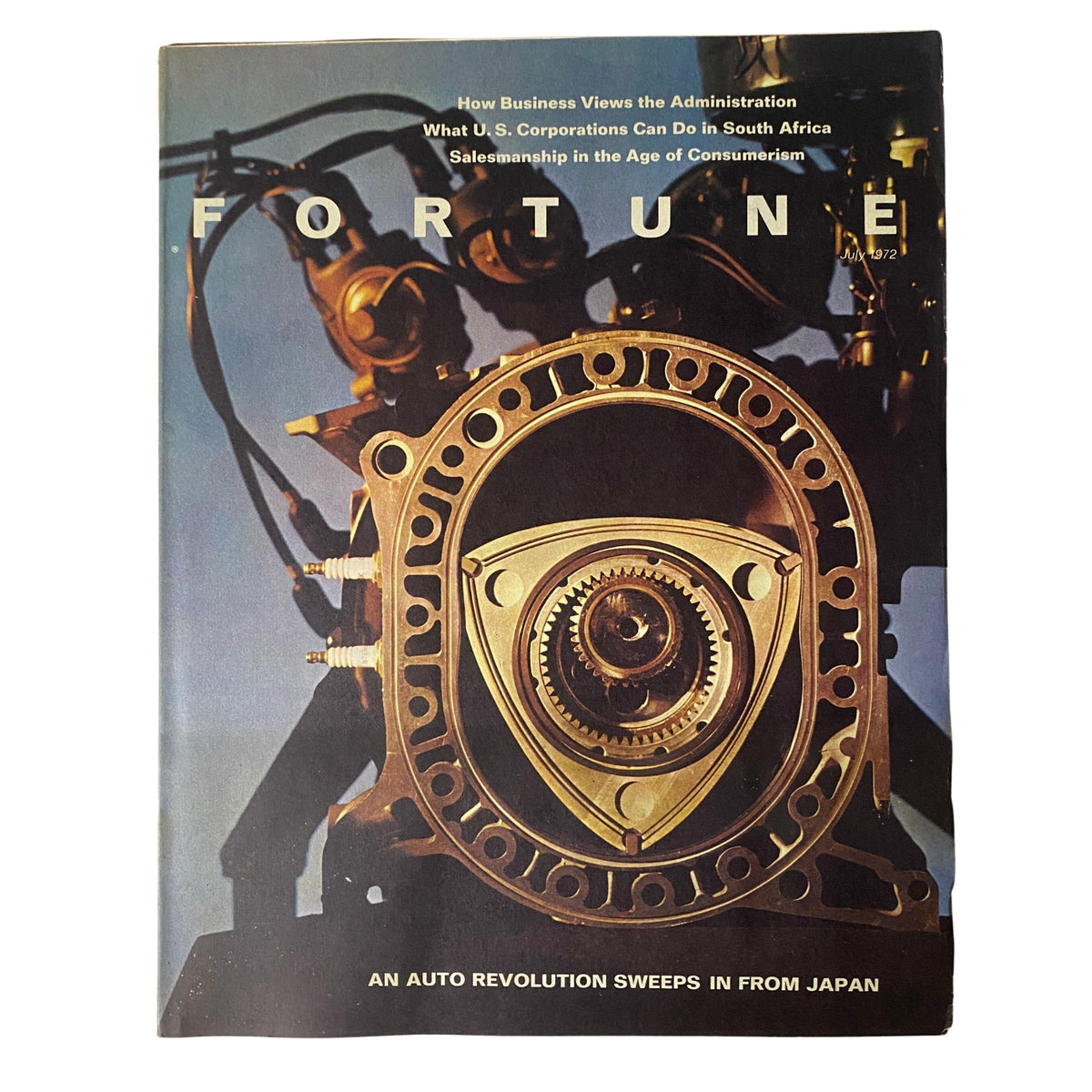 Cover of Fortune Magazine July 1972 featuring the title 'An Auto Revolution Sweeps in From Japan' and an artistic image of automotive machinery.
