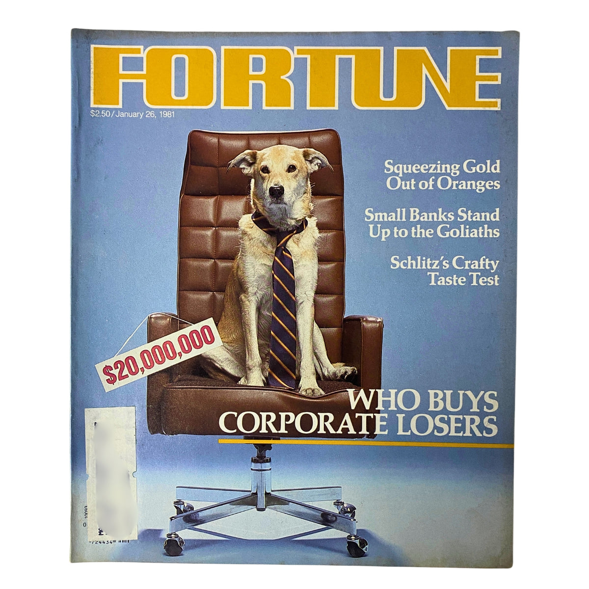 Fortune Magazine cover from January 26, 1981, featuring a dog in a suit on a chair, titled 'Who Buys Corporate Losers'. This vintage magazine explores investment strategies during economic downturns.