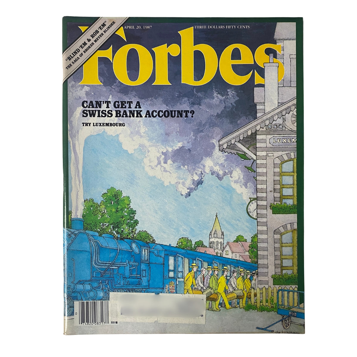 Cover image of Forbes Magazine from April 20, 1987, titled 'Luxembourg: Color It Green'. This vintage magazine features a colorful illustration depicting a train in Luxembourg, showcasing the financial hub's allure during the 1980s.