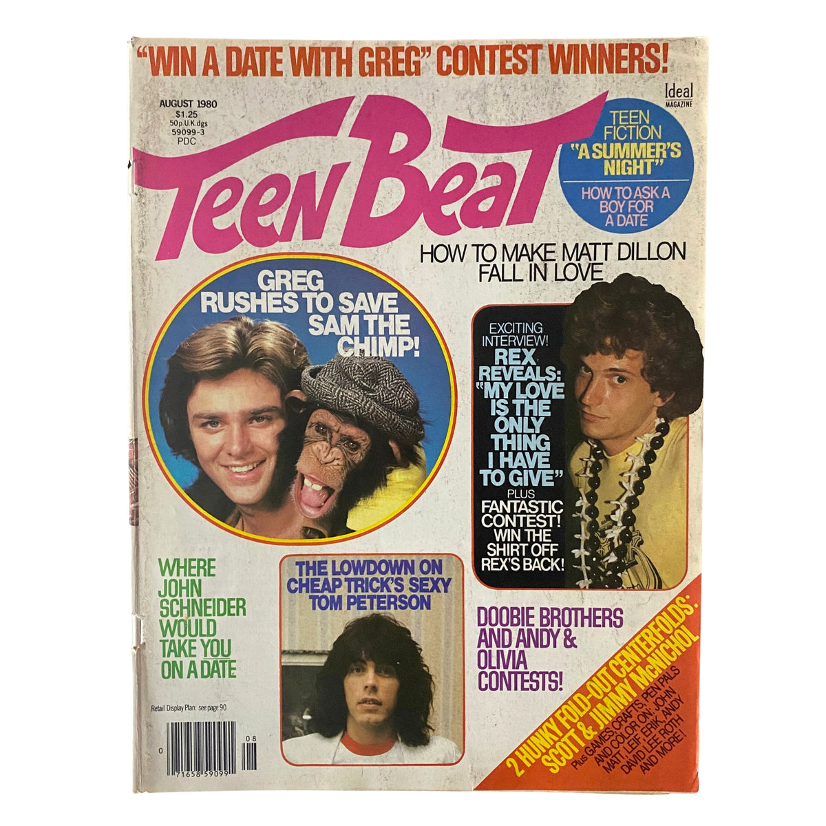 Teen Beat Magazine August 1980 cover featuring Greg Evigan and Sam the chimp, along with headlines about interviews with Rex Smith and Tom Petersson from Cheap Trick.