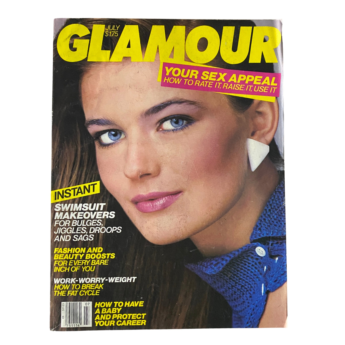 Cover of Glamour Magazine July 1983 featuring Paulina Porizkova, highlighting beauty tips and swimsuit makeovers, in very good condition.