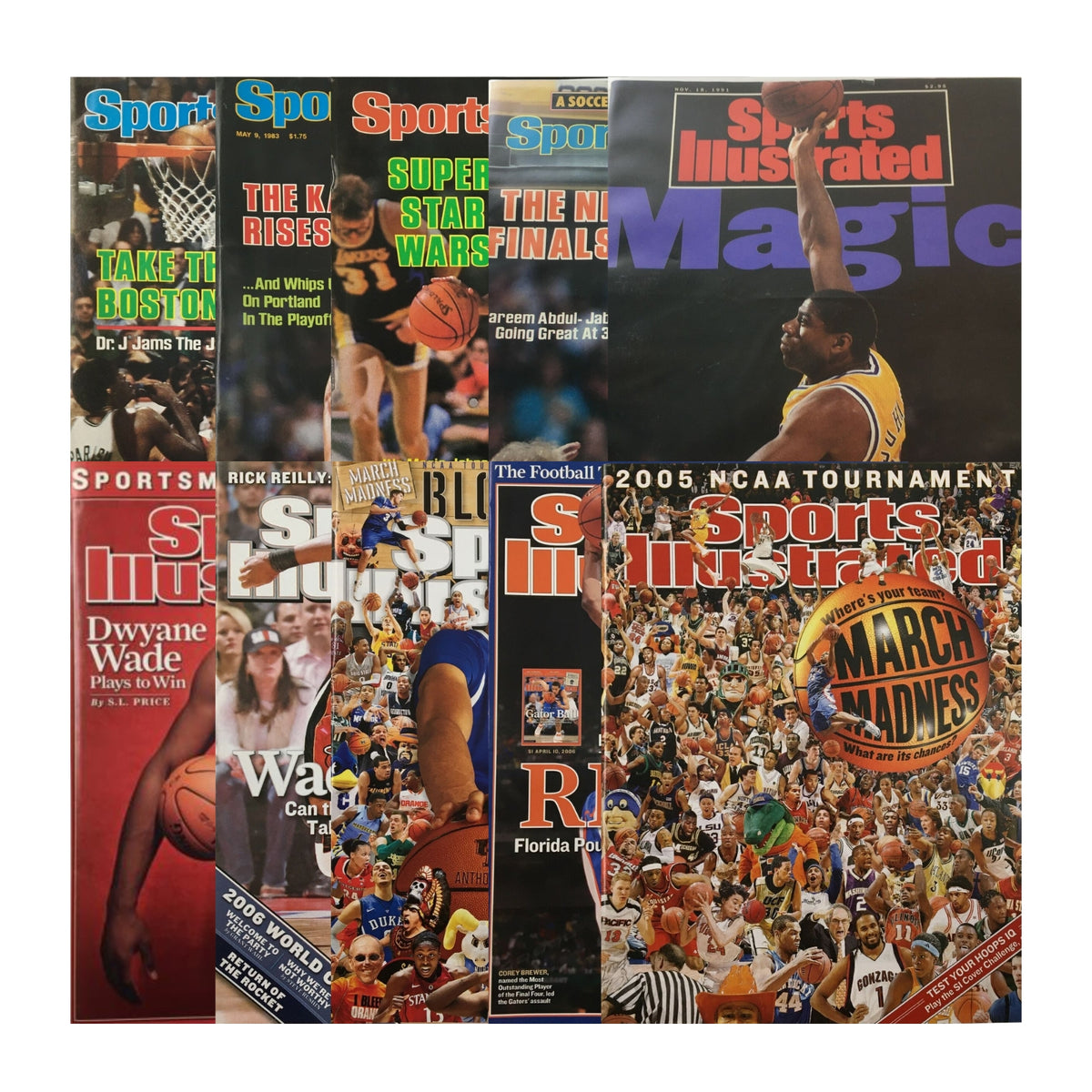 Lot of 10 vintage Sports Illustrated magazines from the 1980s-2000s, showcasing iconic NBA and NCAA basketball players including Julius Erving, Magic Johnson, and Dwyane Wade, perfect for basketball fans and collectors.