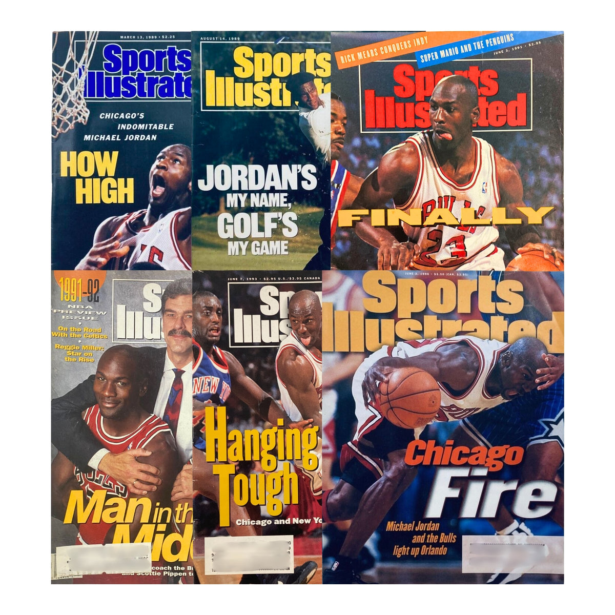 Collection of six 1990s Sports Illustrated magazines featuring Michael Jordan and the Chicago Bulls, showcasing iconic moments from his basketball career.