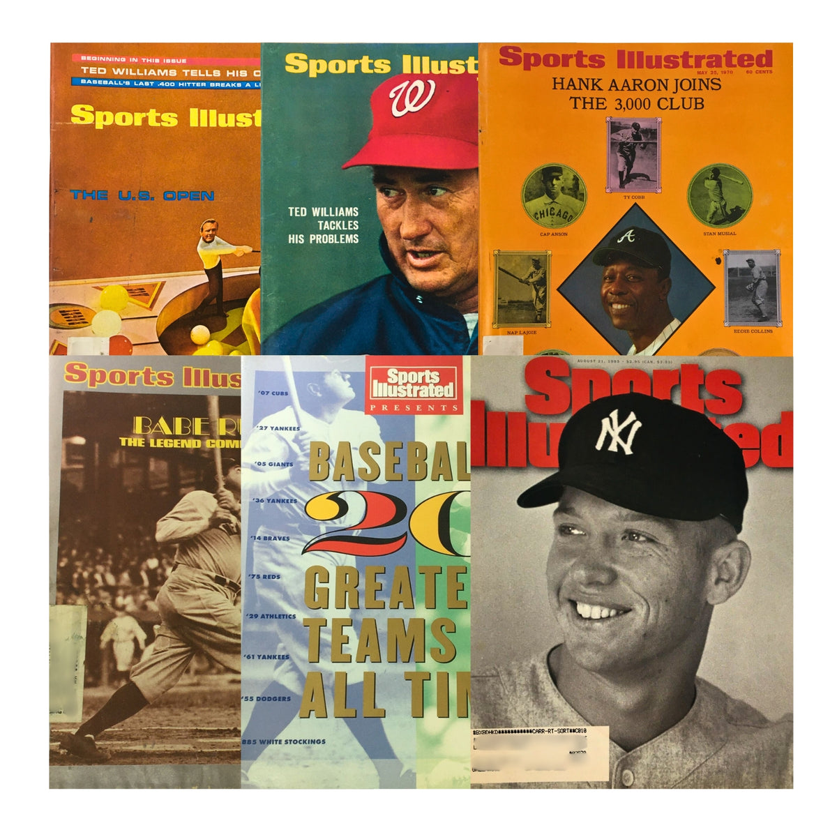 Lot of 6 1960s-1990s Sports Illustrated Magazine featuring iconic baseball legends including Ted Williams, Hank Aaron, and Babe Ruth, celebrating the history of baseball with features on famous players and significant milestones.