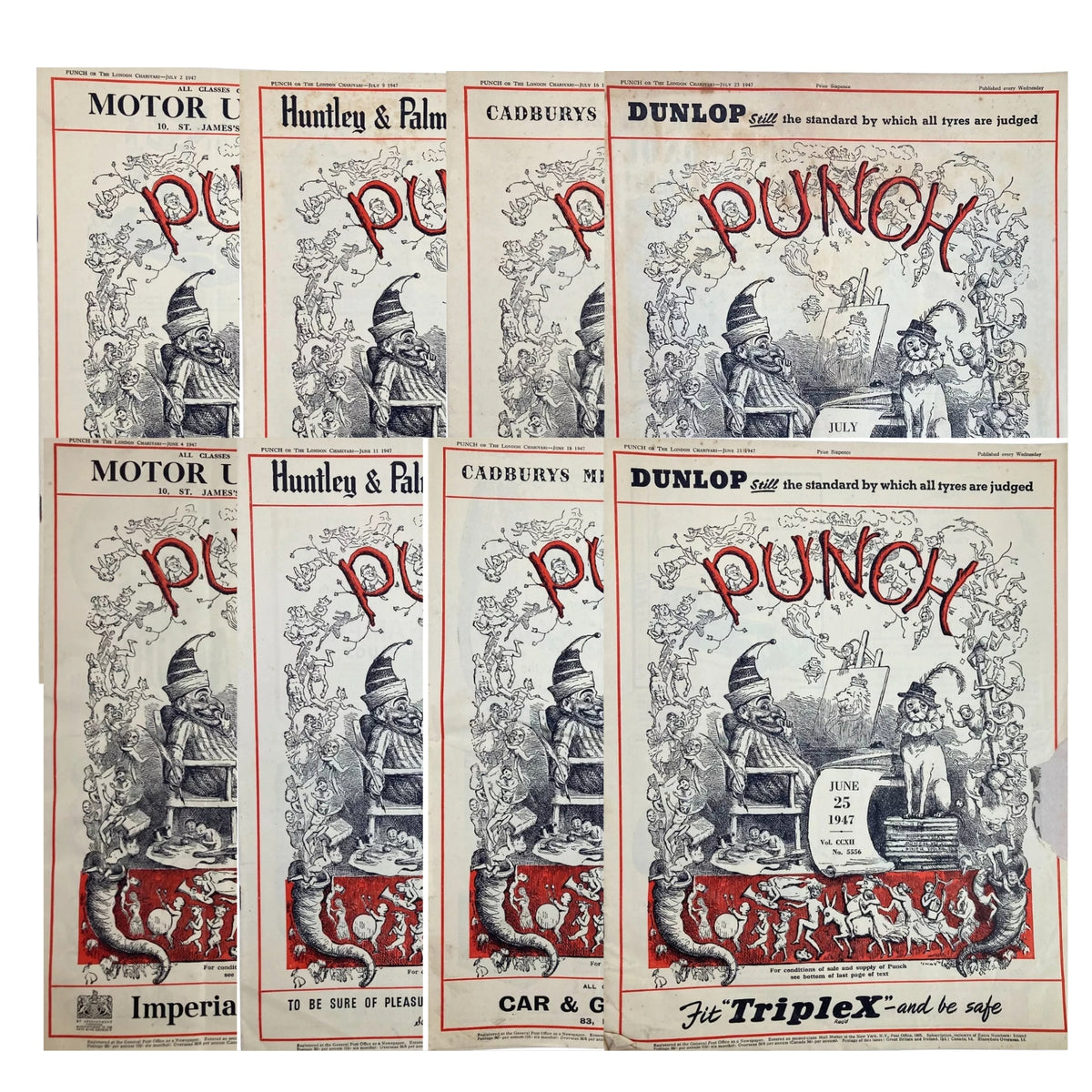 Lot of 8 Punch Magazines featuring vintage British satire and humor, showcasing humorous illustrations and advertisements from June 1947 to July 1947.