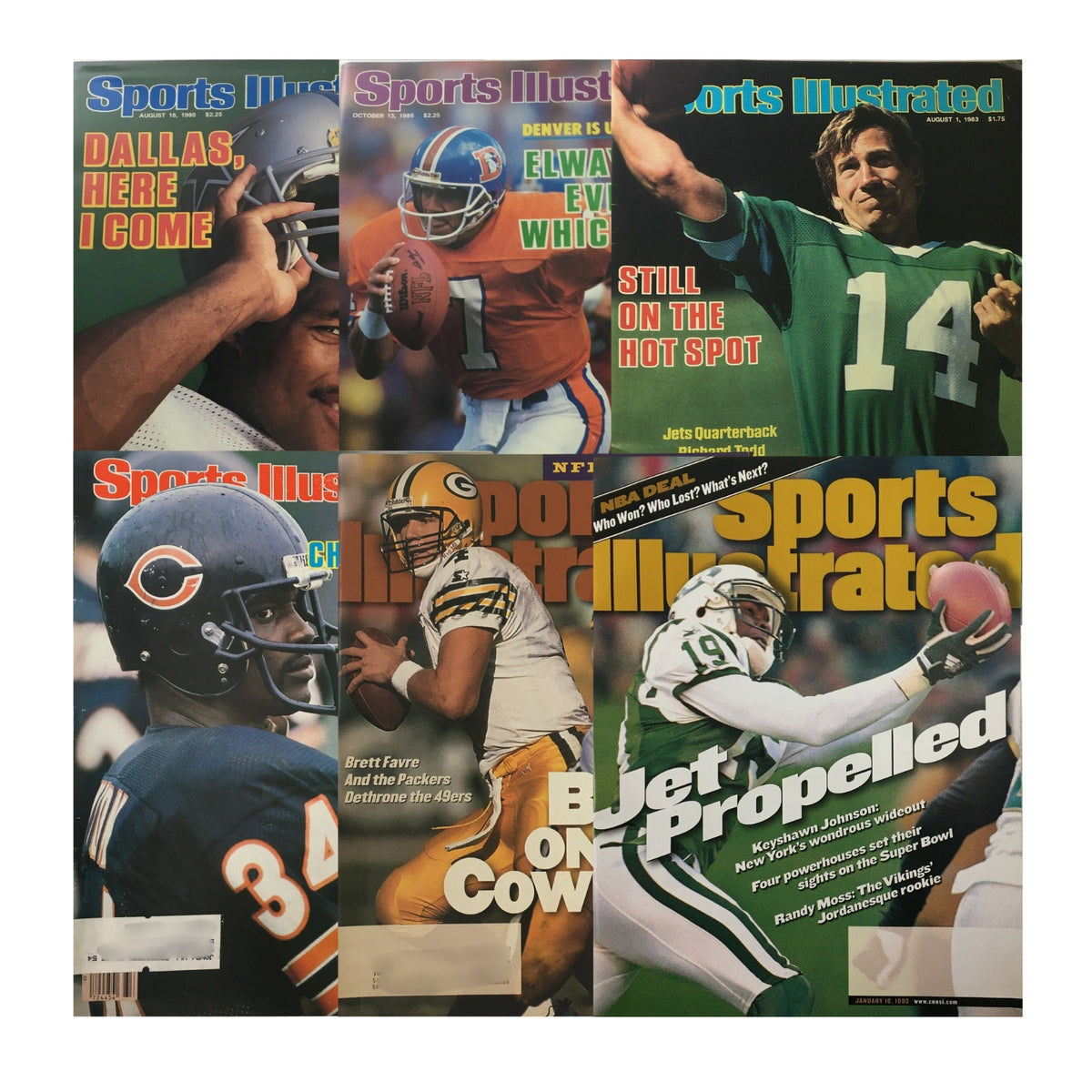 Lot of 6 1980s-1990s Sports Illustrated Magazines featuring NFL legends including Herschel Walker, John Elway, Walter Payton, and Brett Favre. The cover highlights Herschel Walker with the text 'Dallas, Here I Come'.
