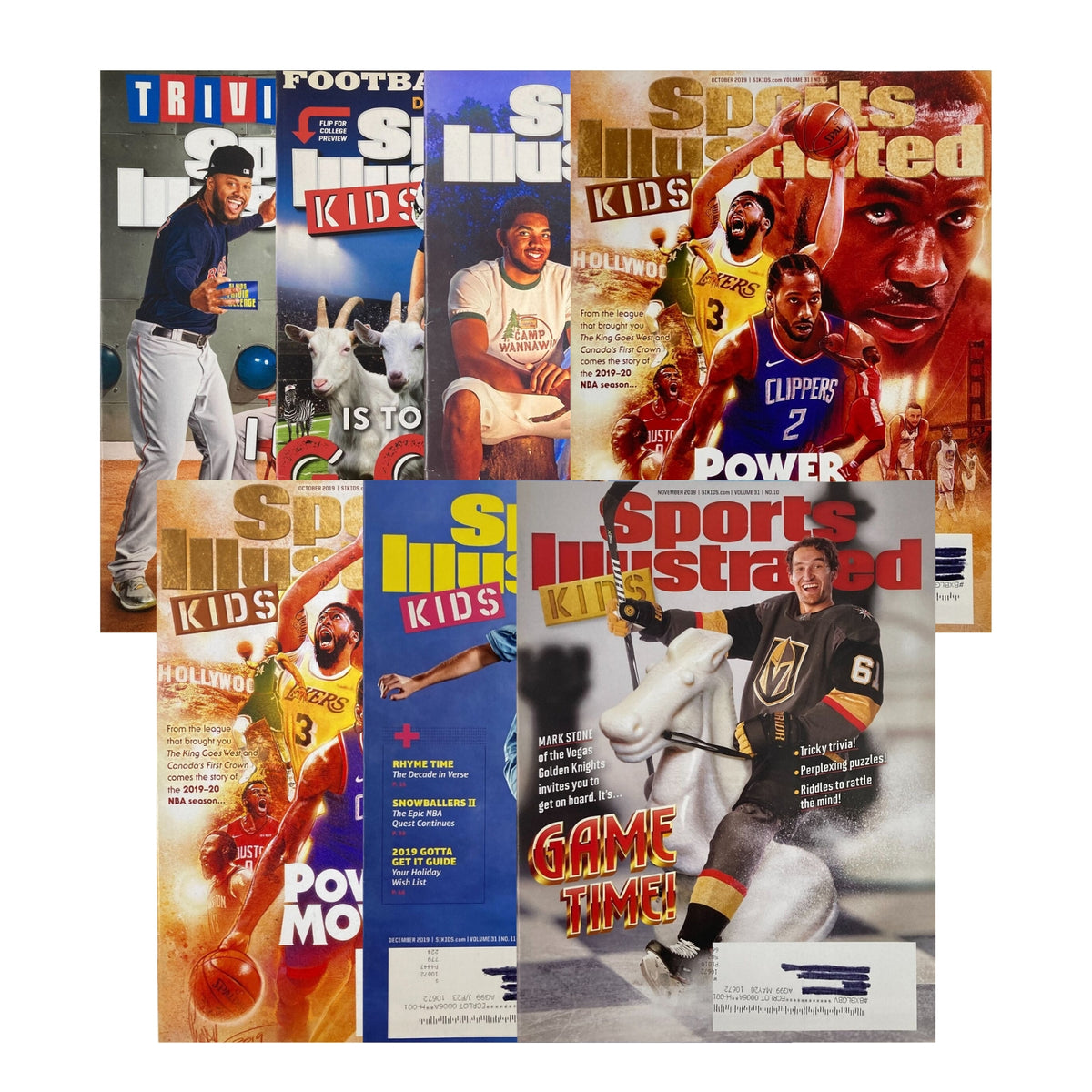 Lot of 7 2000s Sports Illustrated Kids magazines featuring NFL and various sports stars, including Tom Brady. Collection includes vibrant covers with athletes and fun sports content, perfect for young collectors.