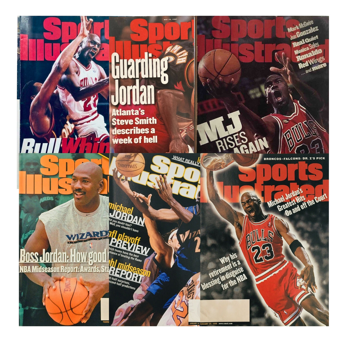 Lot of 6 1996-1999 Sports Illustrated Magazine covers featuring NBA legend Michael Jordan of the Chicago Bulls, showcasing iconic moments and articles such as 'Guarding Jordan', 'MJ Rises Again', and 'Boss Jordan: How good?'. Perfect for collectors and fans of Jordan's career.
