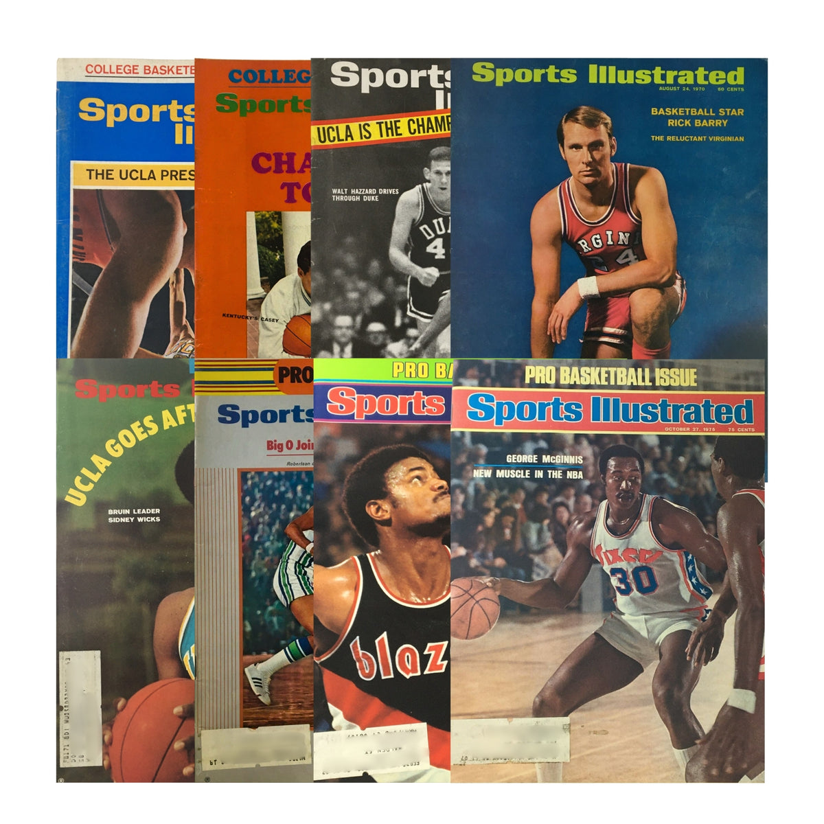 Lot of 8 1960s-1970s Sports Illustration Magazine Basketball Collection featuring iconic covers and articles on legendary players like Walt Hazzard, Rick Barry, and Oscar Robertson.