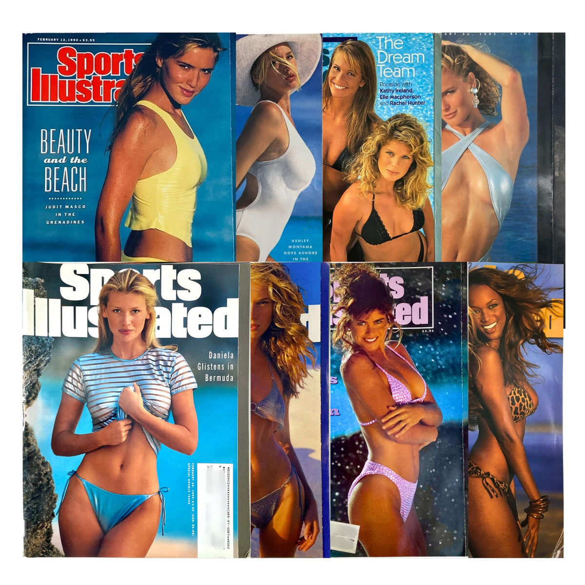 Lot of 8 1990s Sports Illustrated Magazine Swimsuit Edition featuring iconic covers showcasing supermodels including Judith Masco and Ashley Montana.