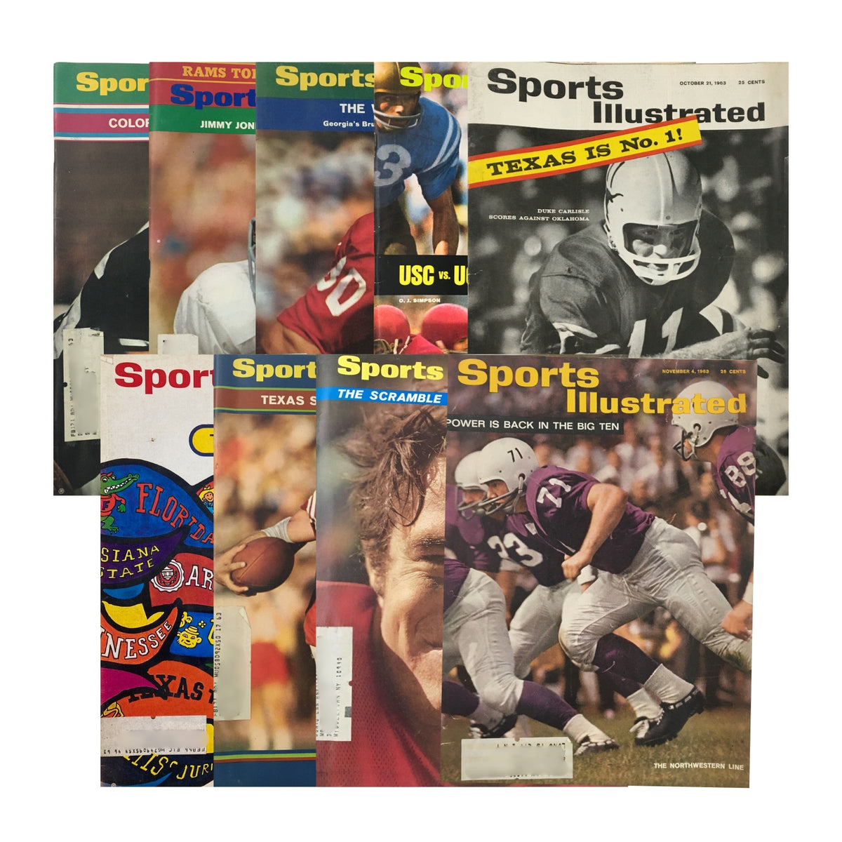 Vintage Sports Illustrated College Football Magazines collection showcasing iconic covers from the 1960s and 1970s.