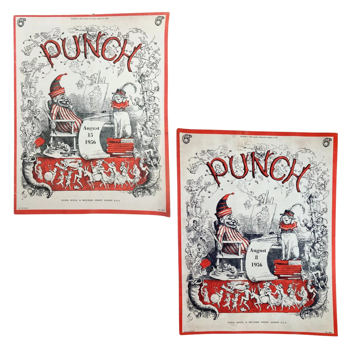 Vintage British Punch Magazine covers from August 1956 showing colorful illustrations and humor, Lot of 2 Punch Magazines August 1956 – Vintage British Satire & Cartoons.