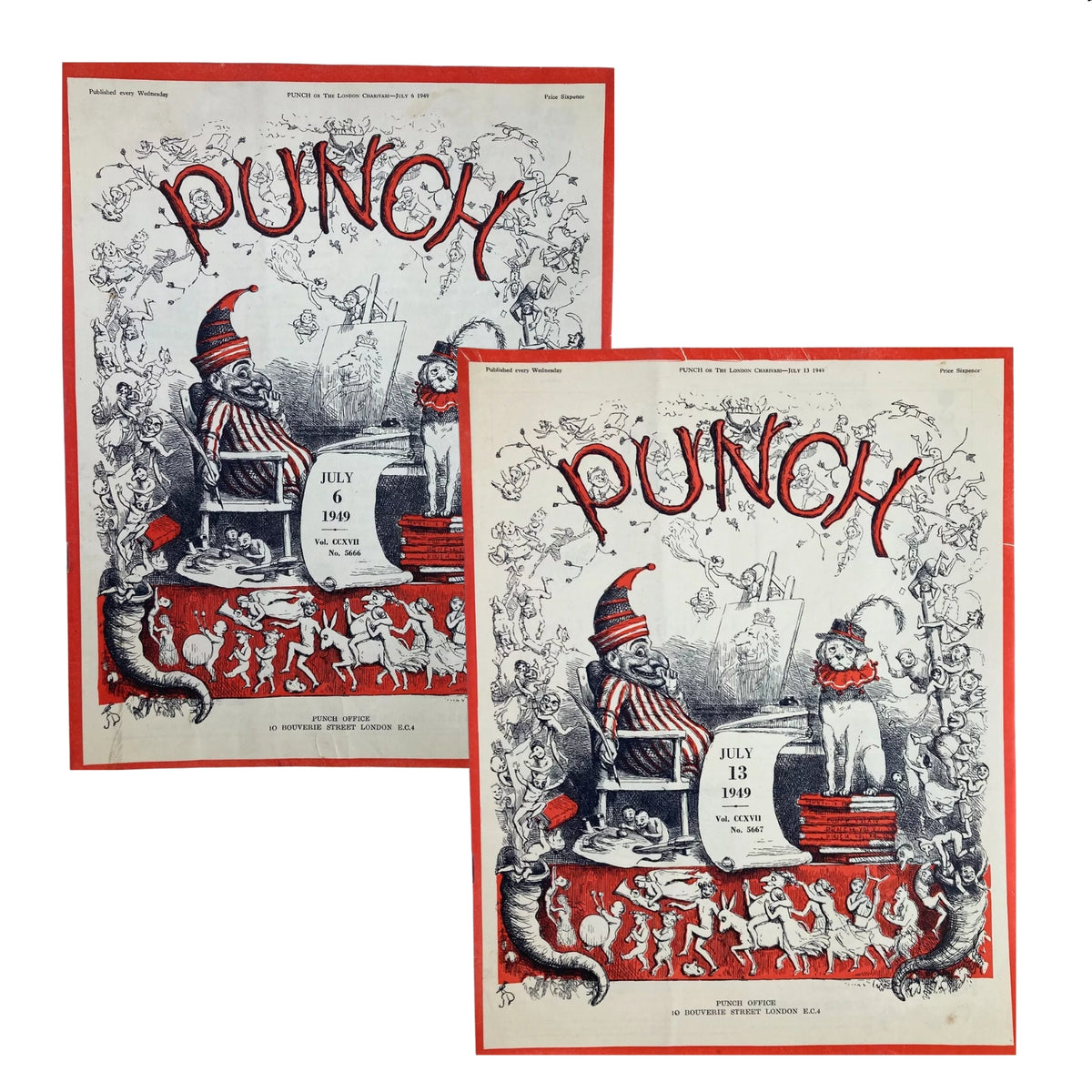 Lot of 2 Punch Magazines July 1949 – Vintage British Satire & Humor featuring covers from July 6 and July 13, showcasing humorous illustrations and satirical content reflective of post-war Britain.
