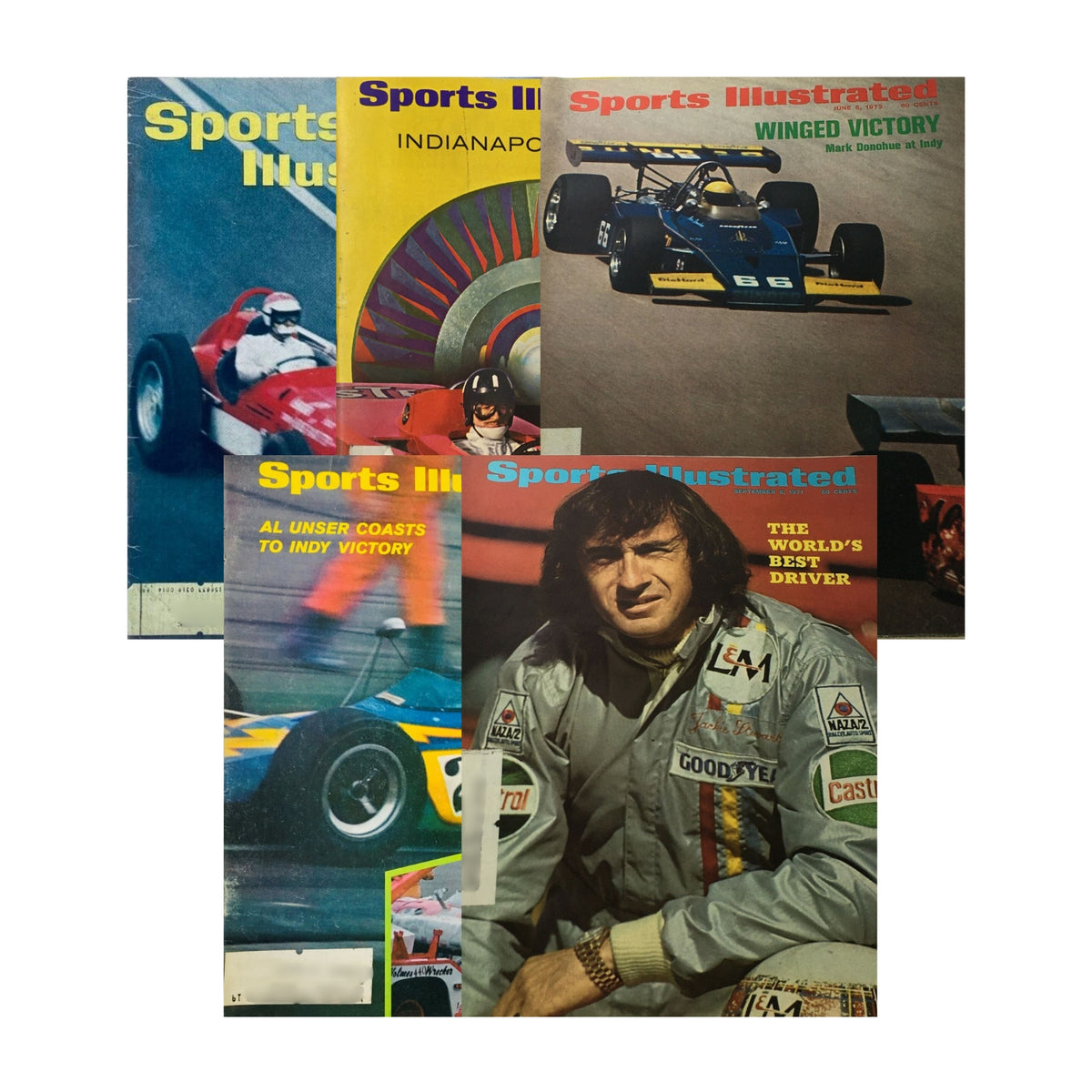 Lot of 5 1960s-1970s Sports Illustration Magazine Auto Racing Collection featuring historic auto racing moments.
