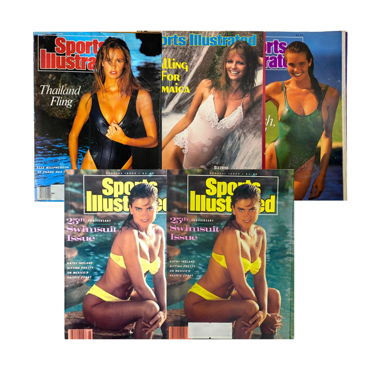 Lot of 5 1980s Sports Illustrated Magazine Swimsuit Edition featuring iconic covers of Cheryl Tiegs and Elle Macpherson, showcasing vintage swimsuit fashion.