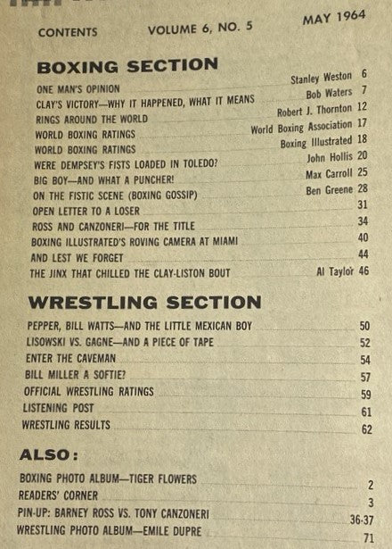 Table of contents from Boxing Illustrated Magazine May 1964, detailing features on Ali’s victory and wrestling segments.