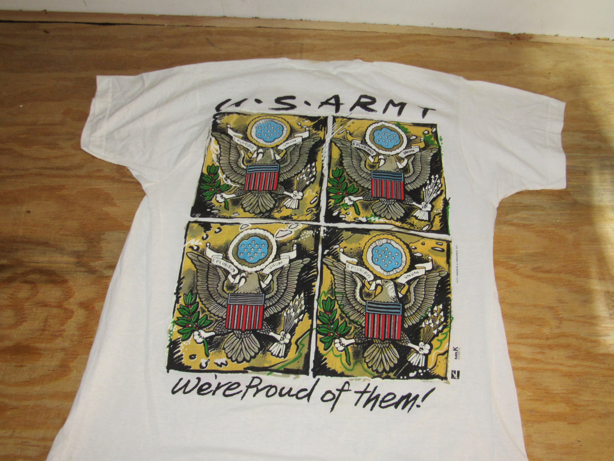 Back view of a Screen Stars Joker with Batman and U.S. Army themed t-shirt, featuring 'We're Proud of Them!' design with eagle motifs and military insignia.