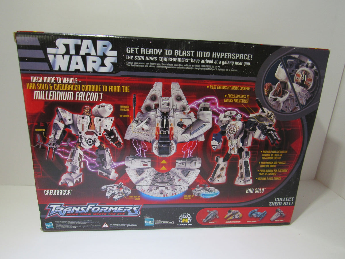 Back view of Star Wars Deluxe Transformer Han Solo and Chewbacca - Millennium Falcon showcasing the vehicle transformation mechanism and character illustrations.