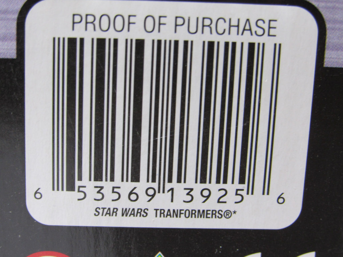Proof of purchase barcode for Star Wars Deluxe Transformer Han Solo and Chewbacca - Millennium Falcon collectible. This image showcases the UPC barcode, providing verification for authenticity.
