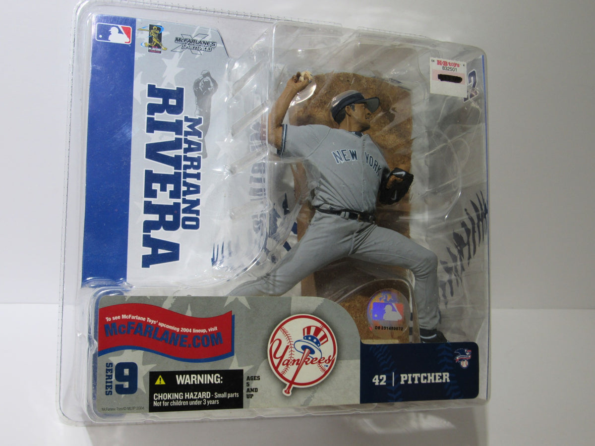 Mcfarlane MLB Series 9 Figure: Mariano Rivera with Gray Yankees Jersey displayed in original packaging showing high-quality details.