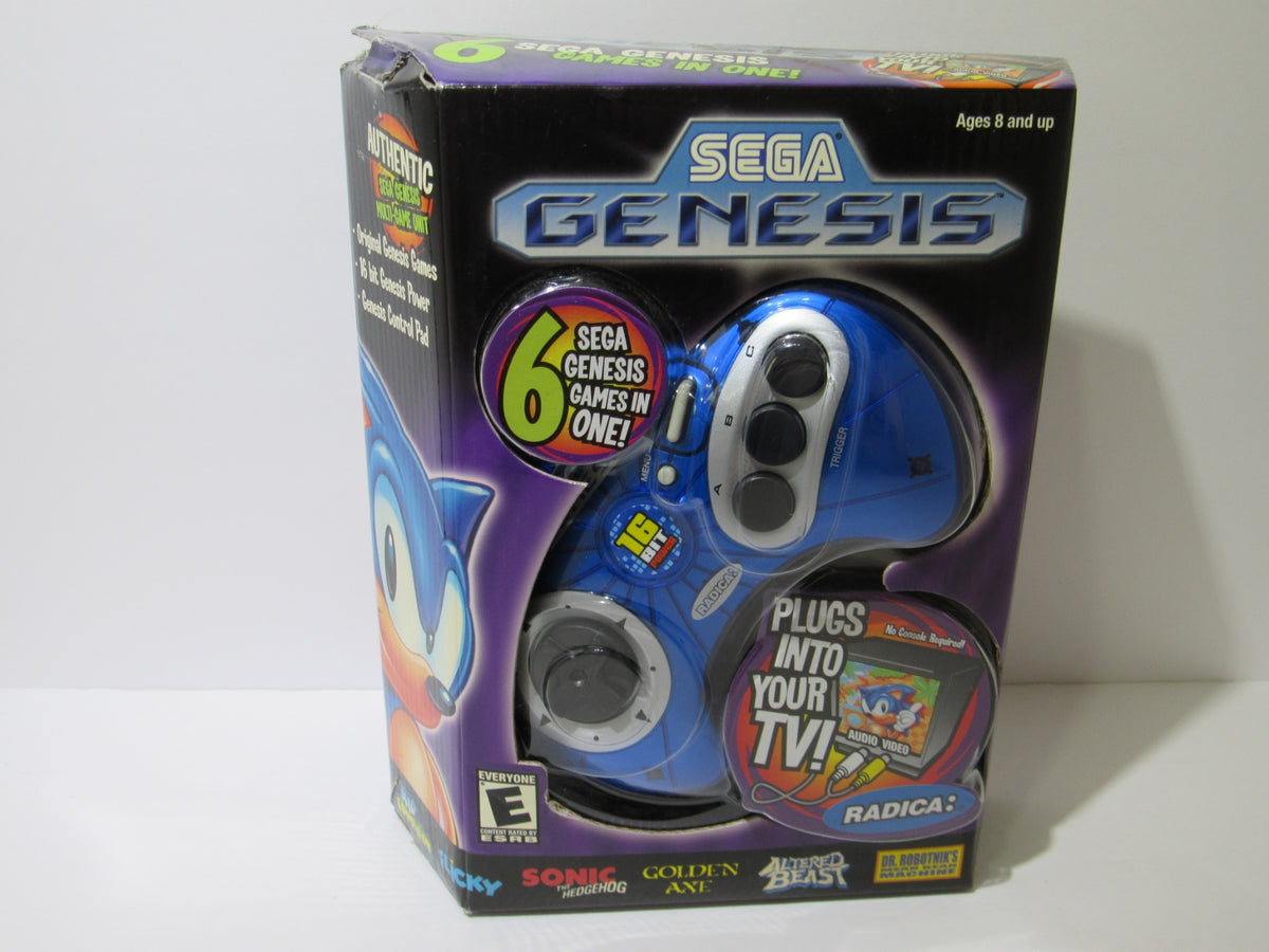 Sega Genesis Radica Plug and Play 6 Games-In-One console packaging showcasing blue design featuring Sonic the Hedgehog with games included highlighted.