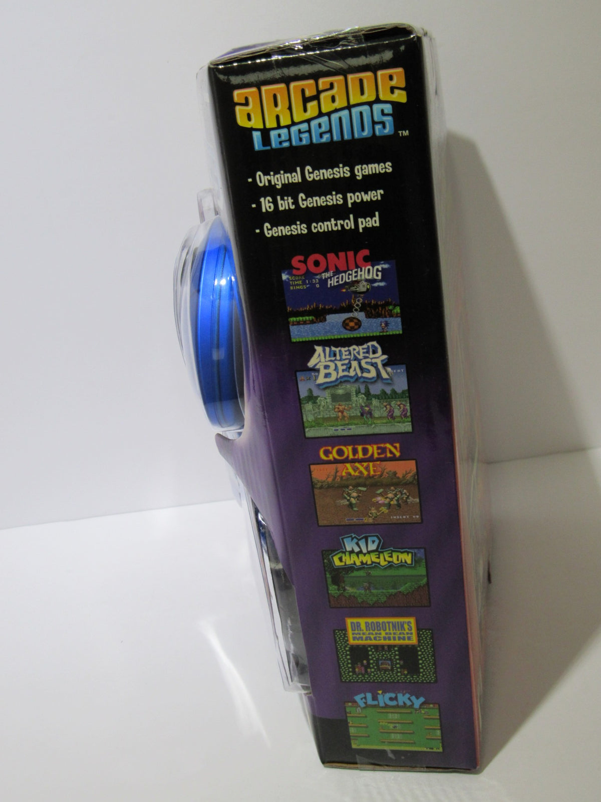Side view of the Sega Genesis Radica Plug and Play 6 Games-In-One showcasing featured games like Sonic, Altered Beast, and Golden Axe.