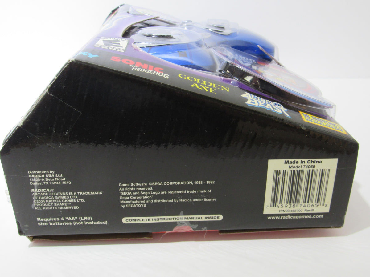 Back view of the Sega Genesis Radica Plug and Play 6 Games-In-One showing details like copyright information and battery requirements.