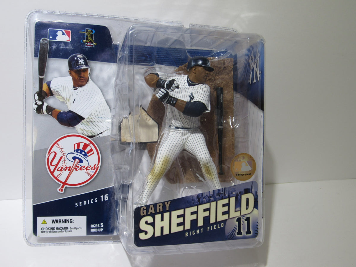 McFarlane Sportspicks: MLB Series 16 Gary Sheffield Chase Variant Action Figure displayed in packaging, featuring Sheffield in New York Yankees uniform with bat.
