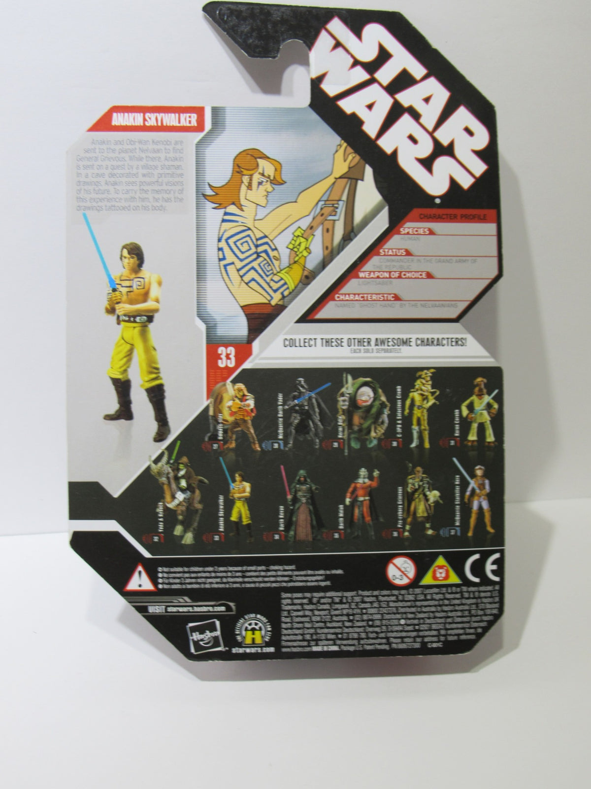 Back packaging of Star Wars Anakin Skywalker Clone Wars with Tattoos 30th Anniversary figure, displaying character information and other collectibles.