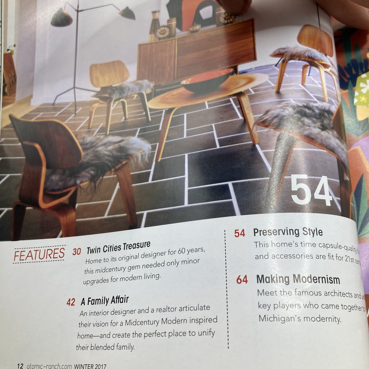 Page from Atomic Ranch Magazine Winter 2017 highlighting features on preserving mid-century modern design with a stylish living space.