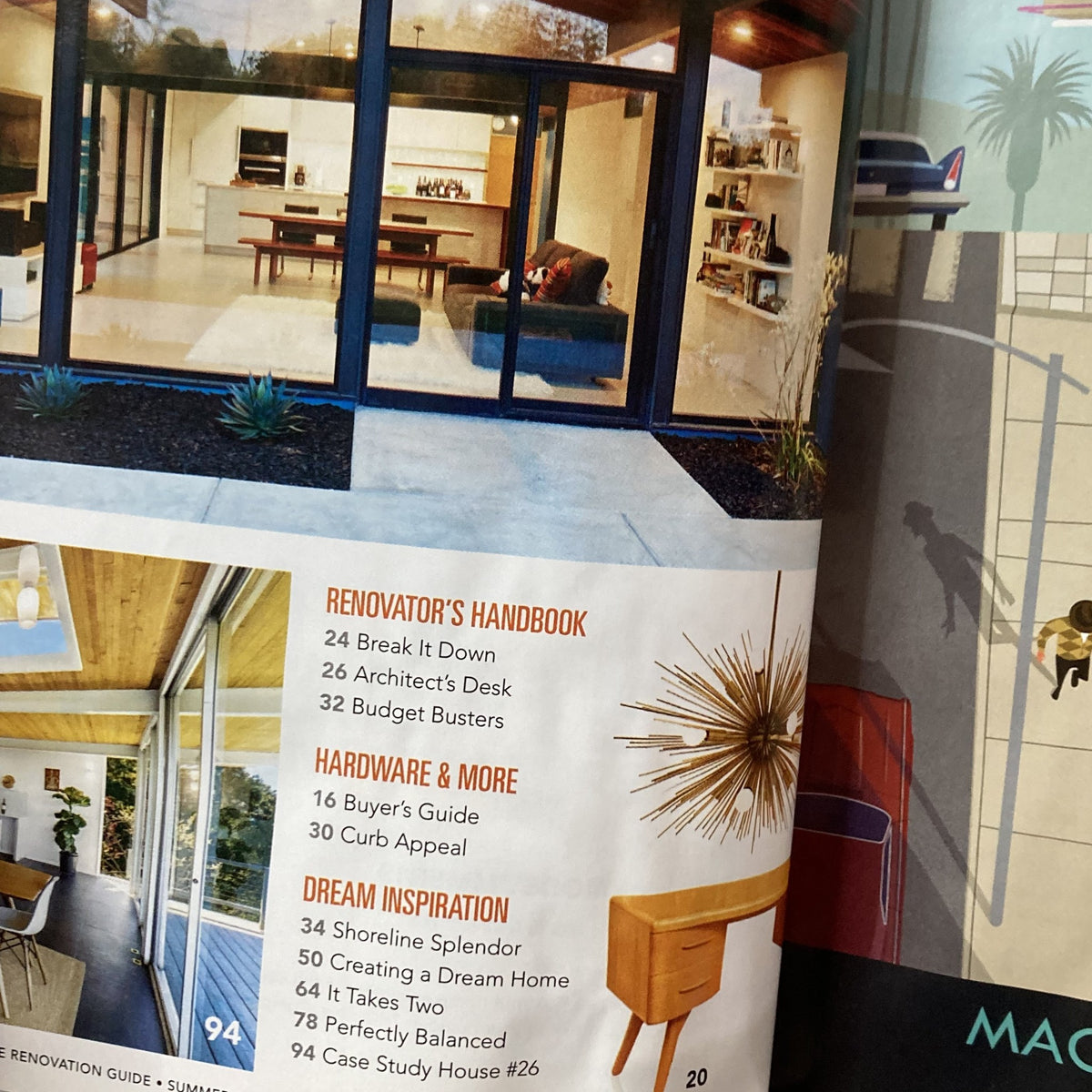 Interior design page from Atomic Ranch Magazine Summer 2019 showcasing renovation ideas with a detailed list of helpful articles including a Renovator’s Handbook.