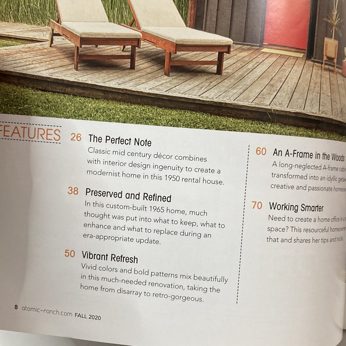 Page from Atomic Ranch Magazine Fall 2020 featuring mid-century décor, highlighting features including The Perfect Note, preserved 1965 home updates, and vibrant decor refresh.