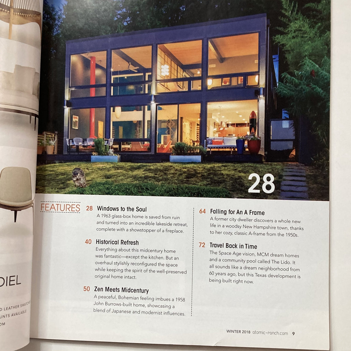 Inside page of Atomic Ranch Magazine Winter 2018 featuring the article on 'Windows to the Soul' with a modern home design showcasing a fireplace.
