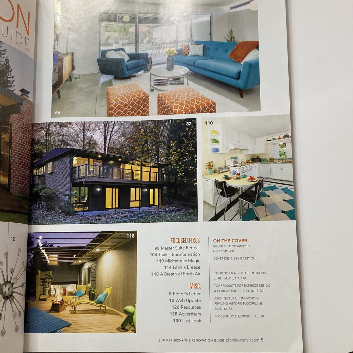Detailed pages from Atomic Ranch Magazine Summer 2020 The Renovation Guide illustrating mid-century home transformations, with imagery on contemporary designs and focused fixes for renovations.