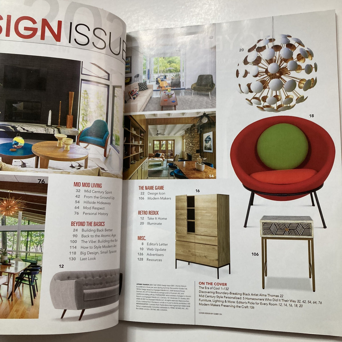 Interior design spread from the Atomic Ranch Magazine Design Issue 2021 featuring mid-century modern furniture, vibrant colors, and unique decor elements, illustrating the essence of retro aesthetics.