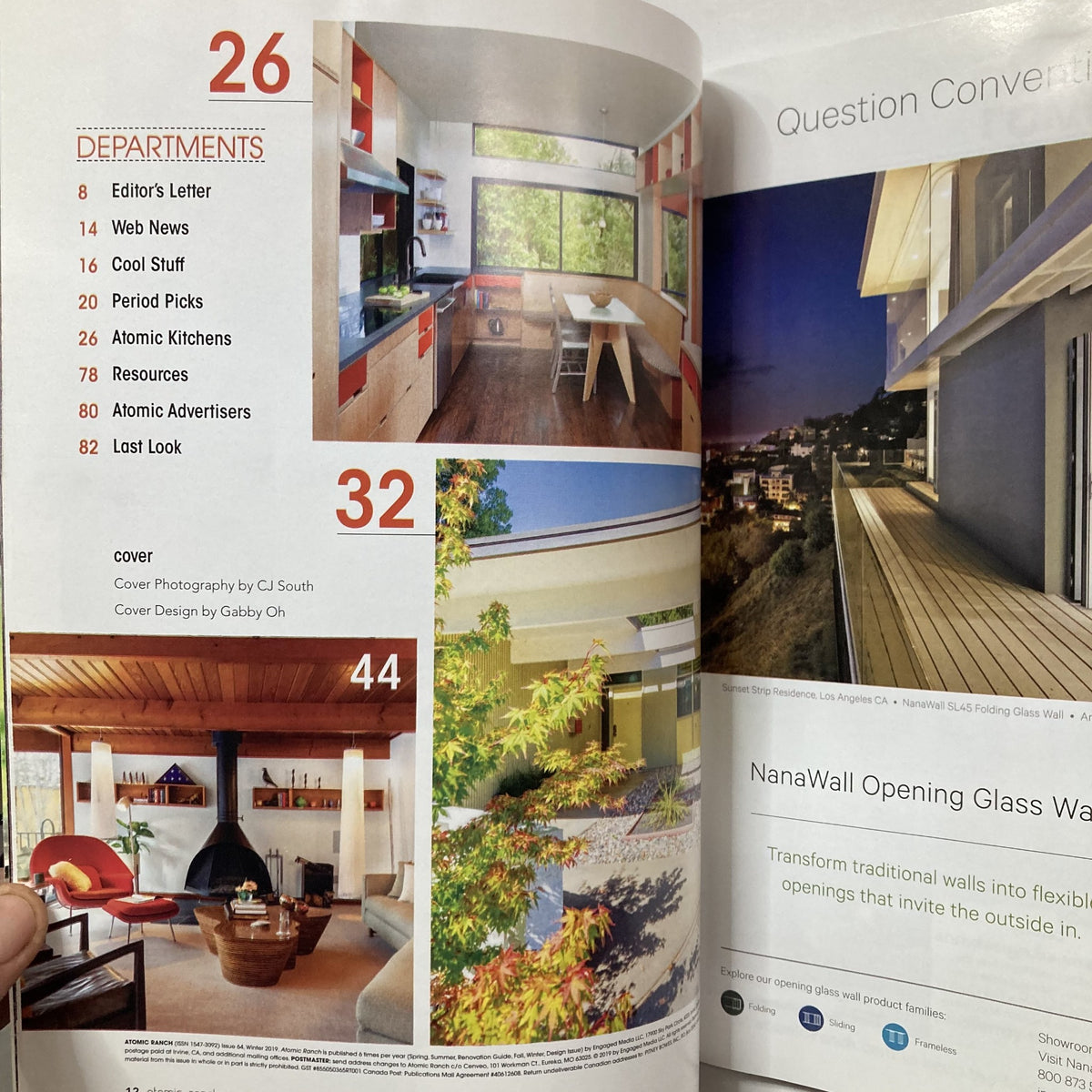 Inside spread from Atomic Ranch Magazine Winter 2019 displaying vibrant midcentury kitchen and living room designs, as well as an editorial section.
