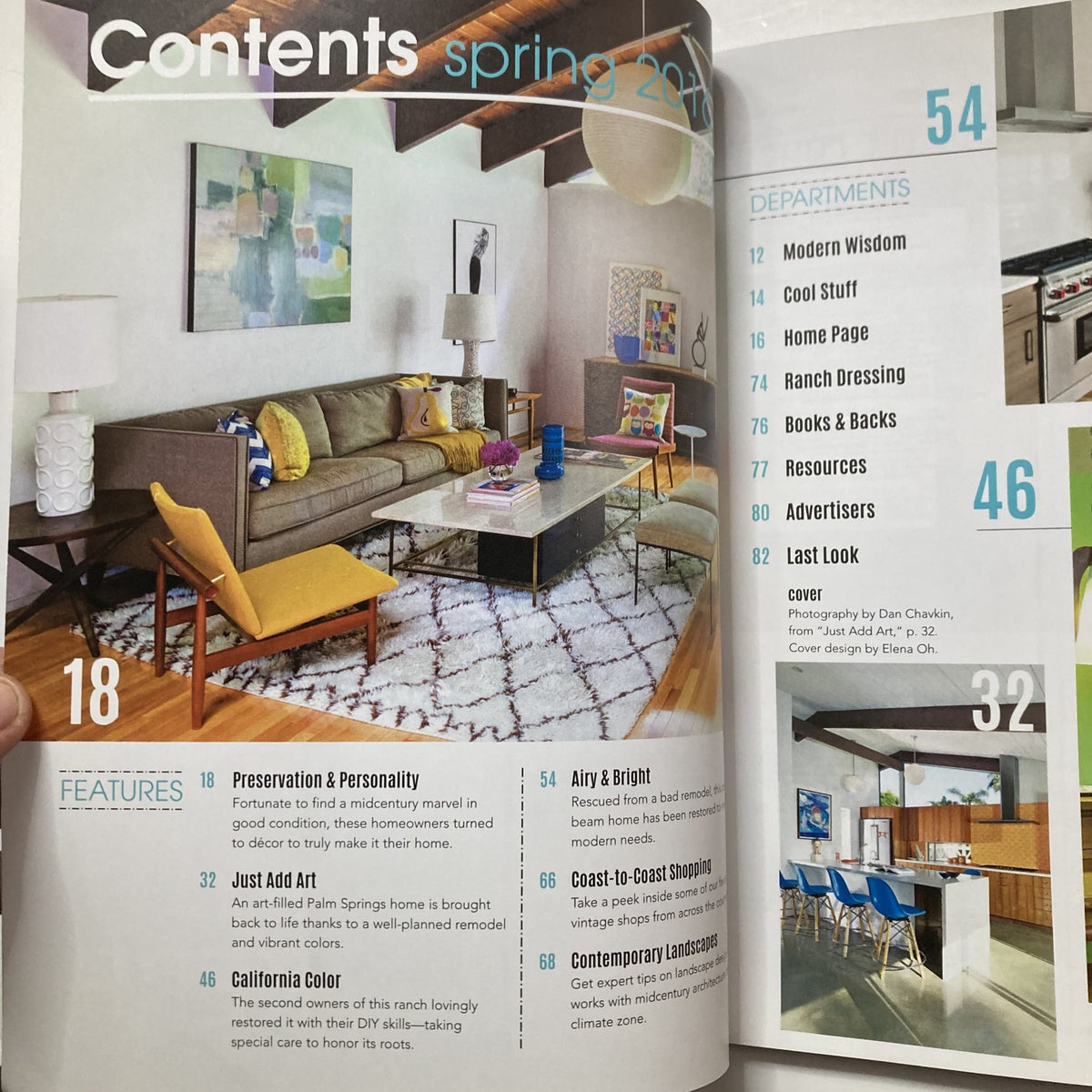 Contents page of Atomic Ranch Magazine Spring 2016 displaying features like Preservation & Personality, and Just Add Art, alongside elegant living room decor.