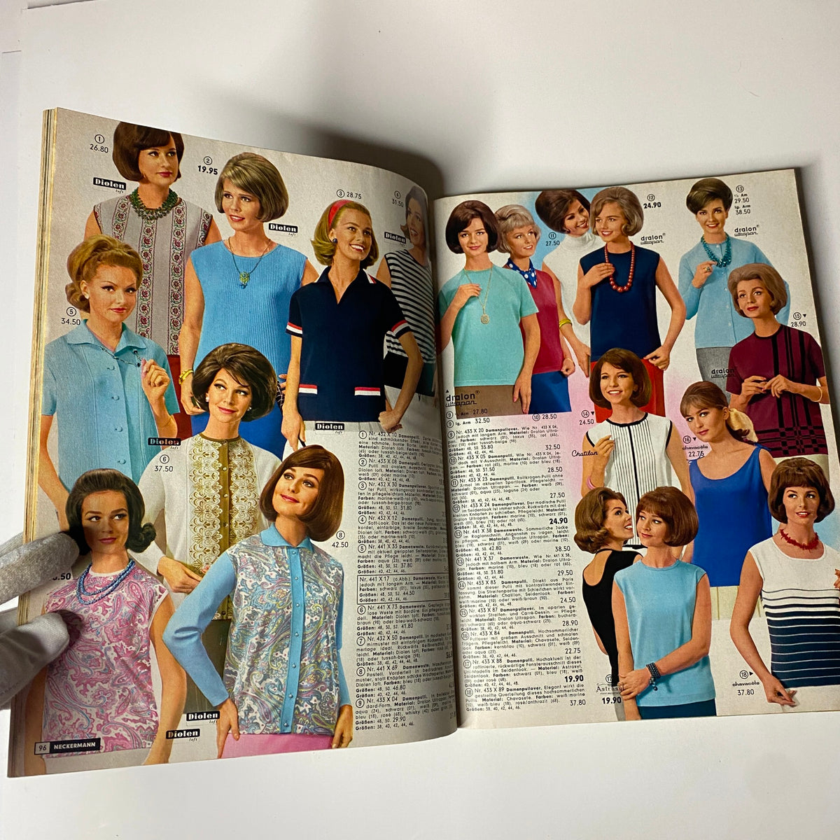 Interior page of the 1965 Neckermann Summer Catalog displaying casual and formal women's tops on models, illustrating fashion trends of the era.