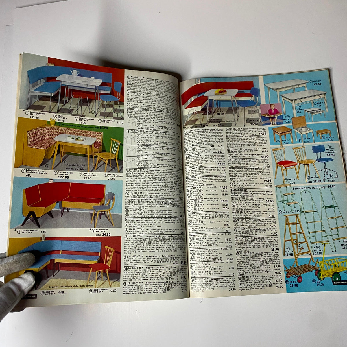 1965 Neckermann Summer Catalog page highlighting colorful tables and chairs for dining and living spaces, featuring pricing details.