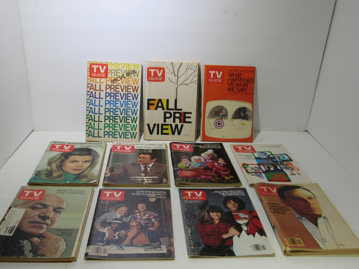 Collection of 11 TV Guide Magazines featuring Fall Preview and regular issues. Includes editions from the early 1970s with various cover designs highlighting prominent TV shows of the time.