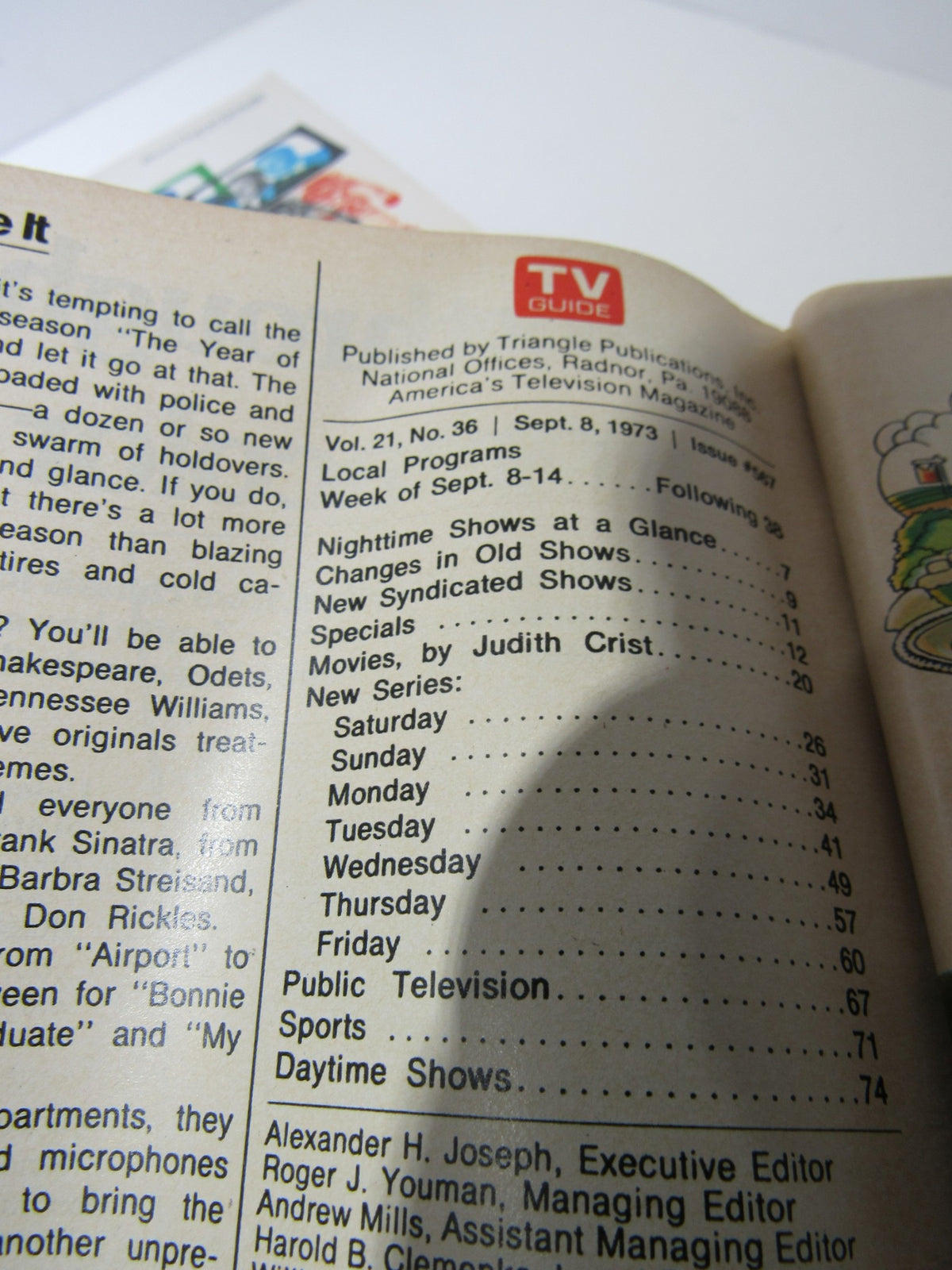 Inside view of a TV Guide magazine dated September 8, 1973, featuring program listings and insights on the television shows of that era. Part of a lot of 11 TV Guide Magazines.