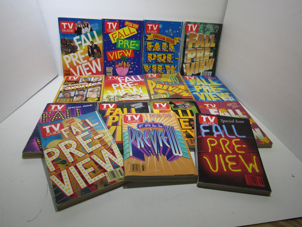 Lot of 15 TV Guide Magazines - 1983 to 1998 Fall Preview, showcasing vibrant magazine covers featuring nostalgic television shows and Fall Preview themes.