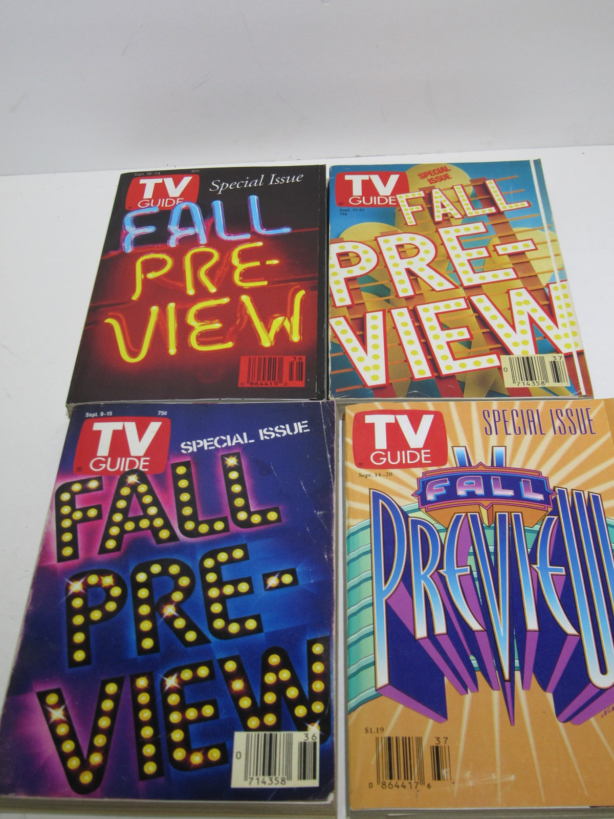 Lot of 15 TV Guide Magazines - 1983 to 1998 Fall Preview, displaying an assortment of magazine covers focused on the vibrant themes of autumn television.