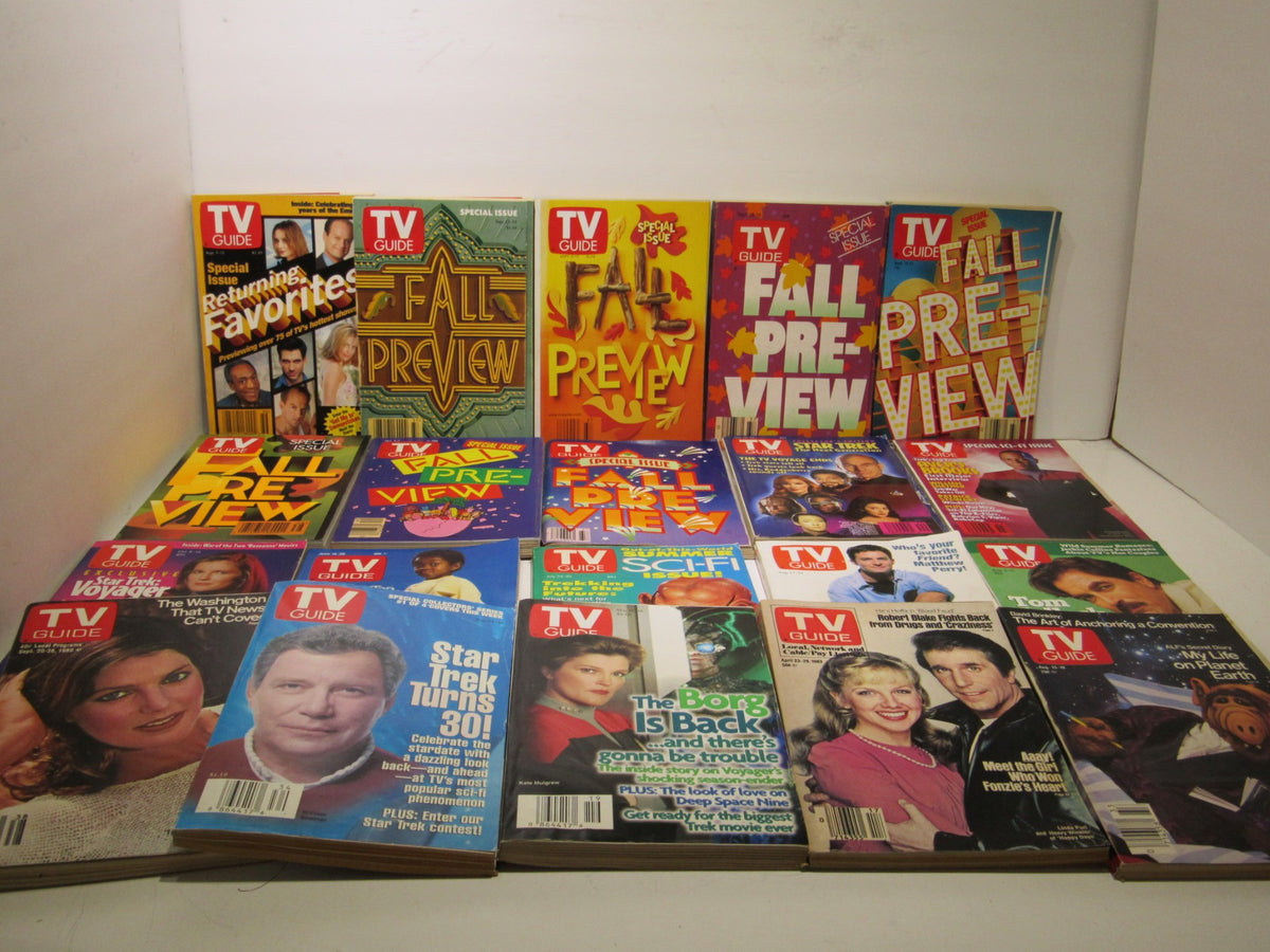 Lot of 20 TV Guide Magazines showcasing Fall Preview and Regular Issues, featuring various editions from the 1980s and 1990s displayed together.