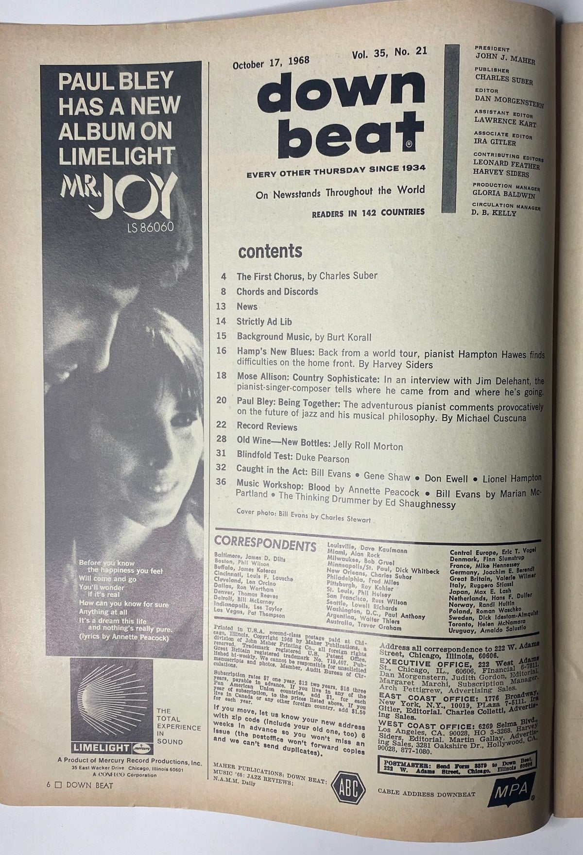 Inside page of Down Beat Magazine October 17, 1968 Vol 35 No. 21, listing the table of contents with featured articles including Paul Bley and Jelly Roll Morton, highlighting the magazine's commitment to jazz music.
