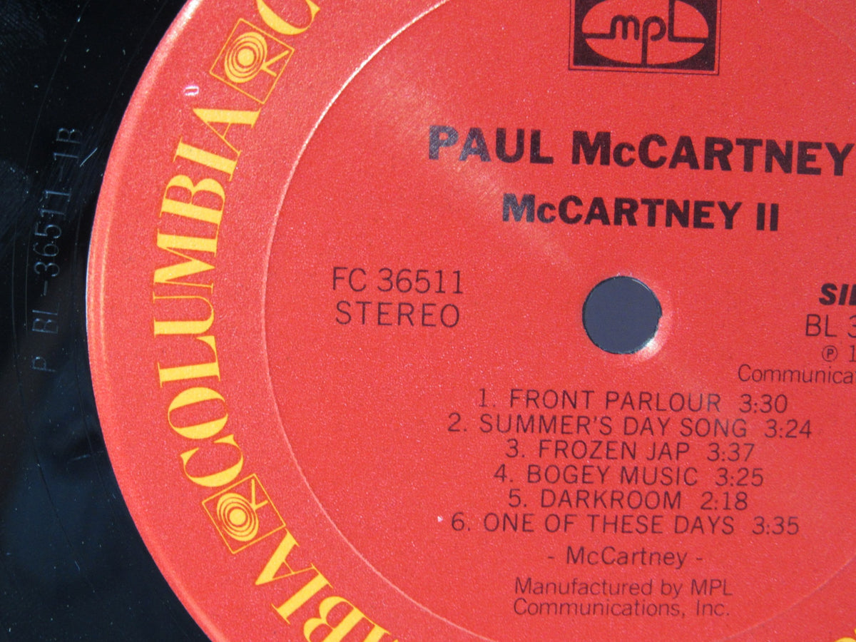 Close-up of the label on Side 2 of the 1980 Paul McCartney: McCartney II LP FC 36511, with track listing and Columbia branding.