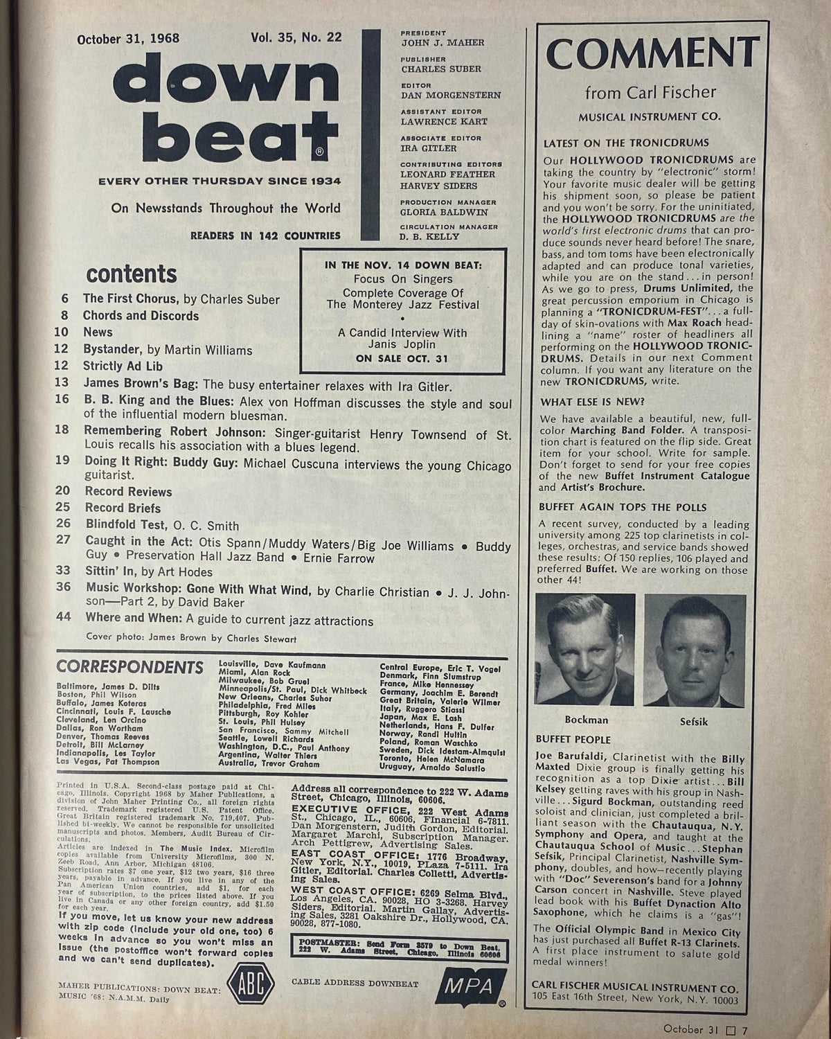 Inside page of Down Beat Magazine October 31, 1968 Vol 35 No. 22 displaying the table of contents and various articles, capturing the essence of the music culture from the late 1960s.